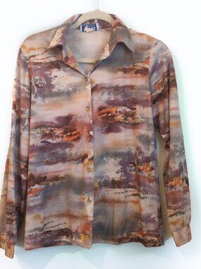 1970's Abstract Waves Art Polyester Unisex Polyester Longsleeve Blouse